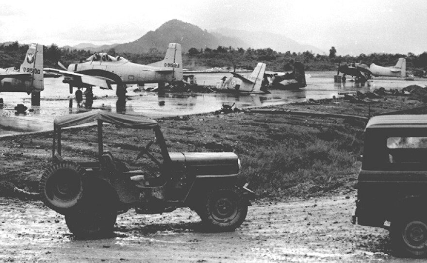 Damage caused by a communist ground attack on Luang Prabang airfield, Laos, 1967.
