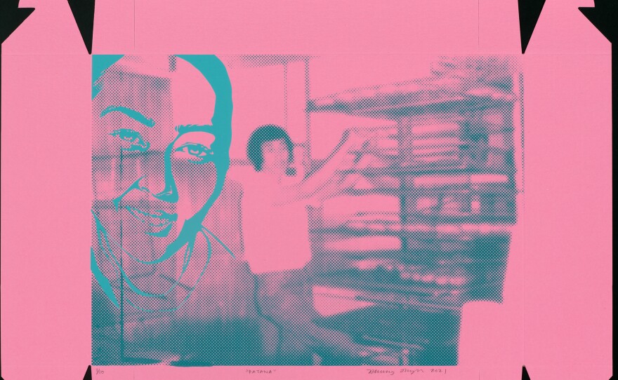 Ratana Kim in a silkscreened portrait on a pink donut box by artist Phung Huynh.