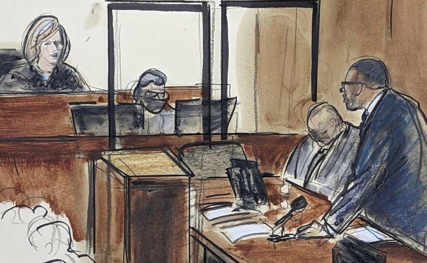 A courtroom sketch of R. Kelly telling Judge Ann M. Donnelly he won't take the stand in his own defense.