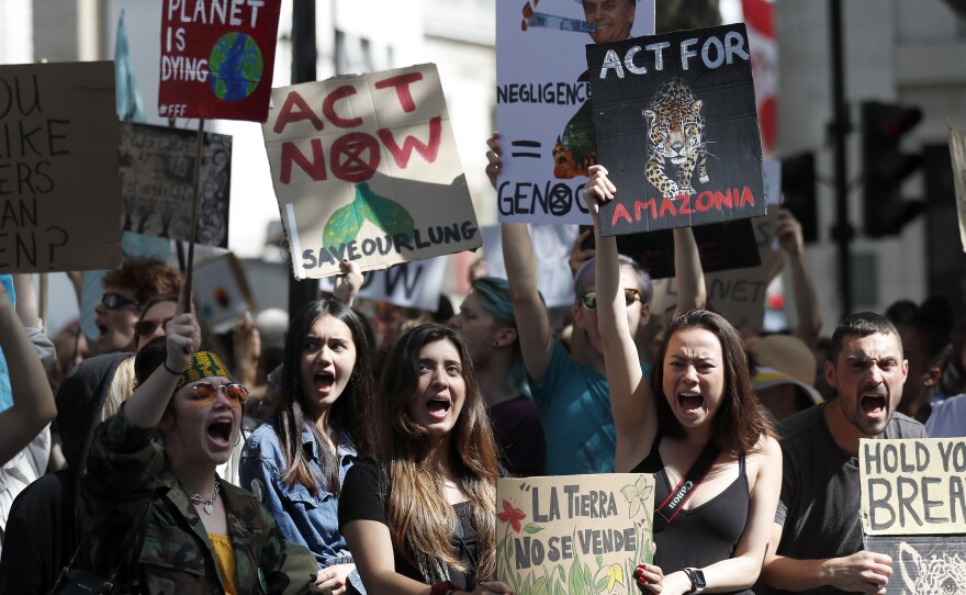 Extinction Rebellion activists protest outside the Brazilian Embassy in London on Friday, calling on President Jair Bolsonaro to act to protect the Amazon rainforest. The European Union is throwing its weight behind French President Emmanuel Macron's call to put the Amazon fires on the agenda of this weekend's G-7 summit of world leaders in France.