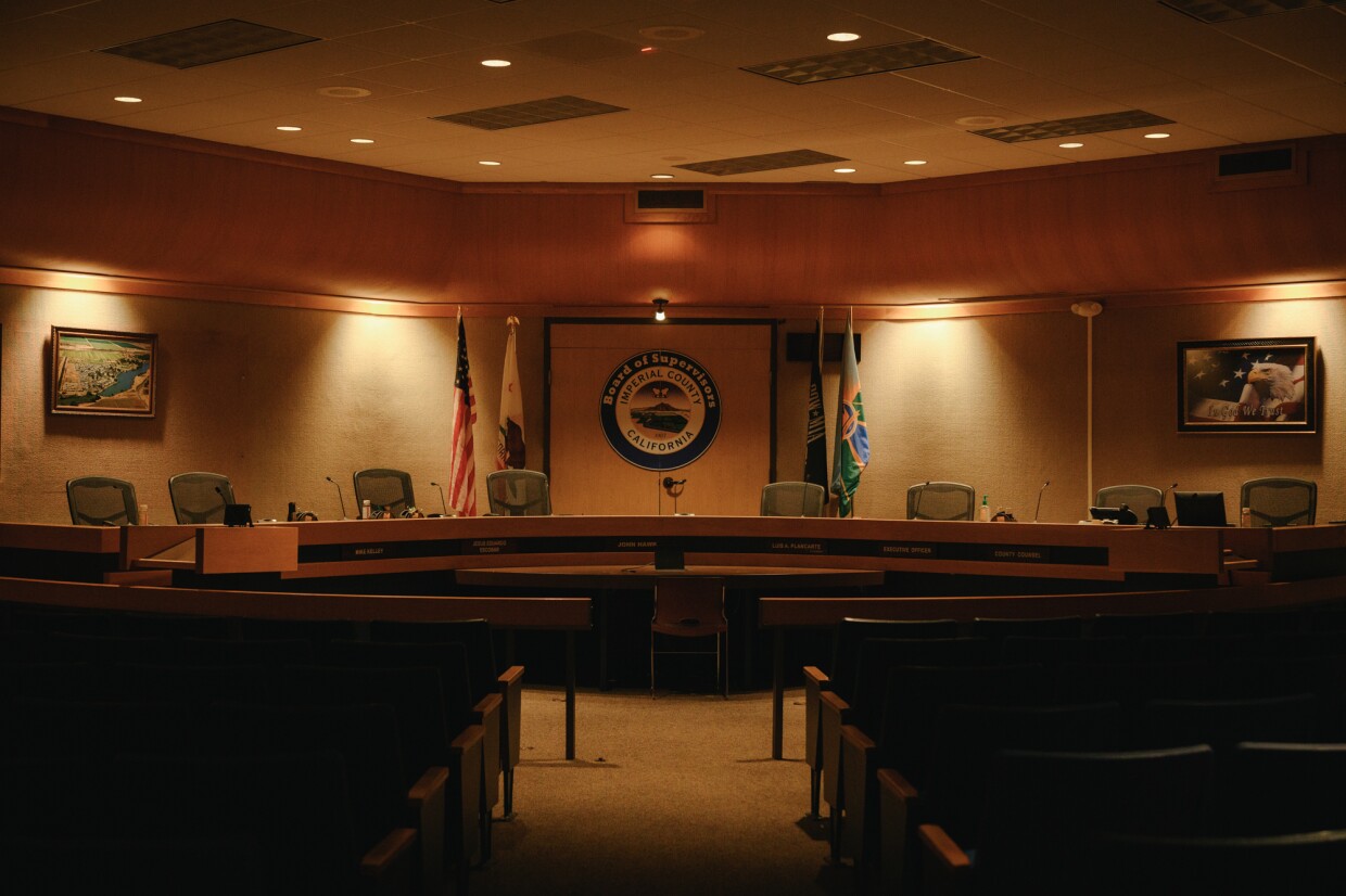 The Imperial County Board of Supervisors meeting room sits empty at the county administration building in El Centro, California on September 26, 2024.
