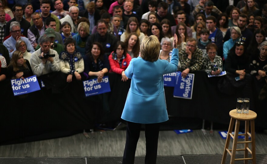 Hillary Clinton speaks at Manchester Community College Monday.