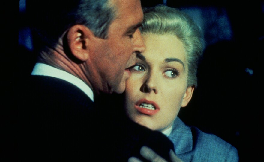 James Stewart plays a man obsessed with a mysterious woman played by Kim Novak in Alfred Hitchcock's "Vertigo."