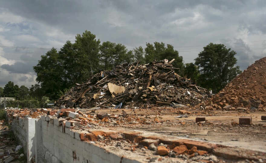 Rubble from where a factory once stood in Springfield. As the city transitions away from manufacturing, it relies more on low-paying service jobs like those at call centers and nursing homes.