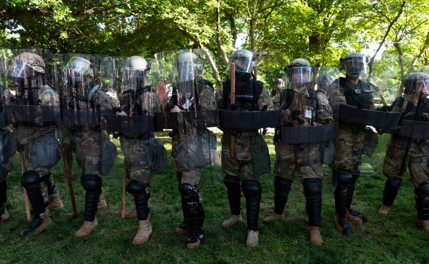 National Guard soldiers protect a park from protestors near the White House on June 1, 2020.