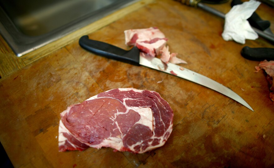 A freshly cut ribeye at Coalson's Grocery, in Throckmorton, Tex.; ribeyes are America's best-selling steak because of the marbling, or "flavor fat."