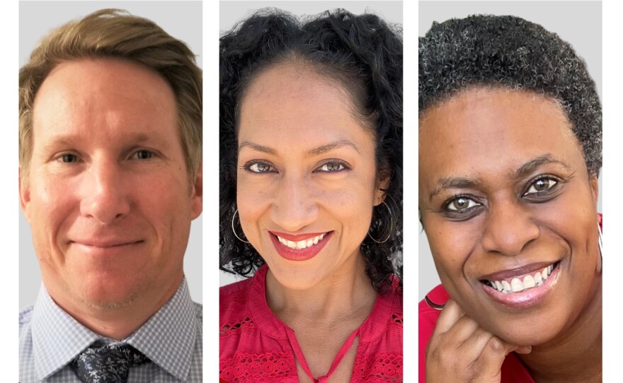 Thomas Courtney (left), Guadalupe Celedon and Sharon Apple in these undated photos released by San Diego Unified School District.