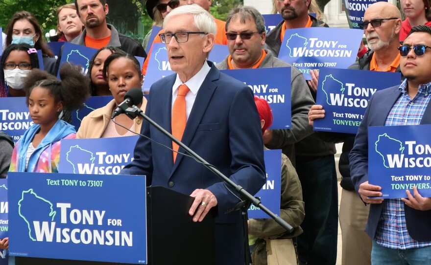 Wisconsin Gov. Tony Evers speaks at a campaign event outside the state Capitol Friday, May 27, 2022, in Madison, Wis.