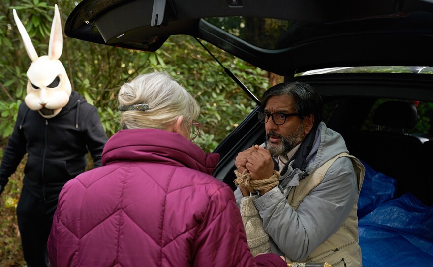 MURDER, THEY HOPE Episode 1: The Bunnyman, Janine Duvitski as Betty and Nitin Ganatra as Carl