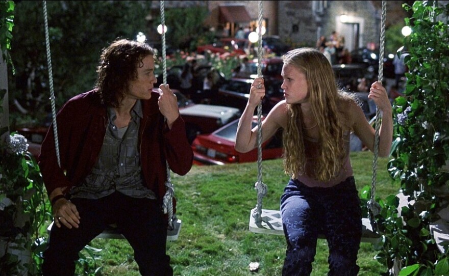 Heath Ledger and Julia Stiles star as romantic antagonists in a teen comedy adaptation of Shakespeare's "Taming of the Shrew," "10 Things I hate About You."