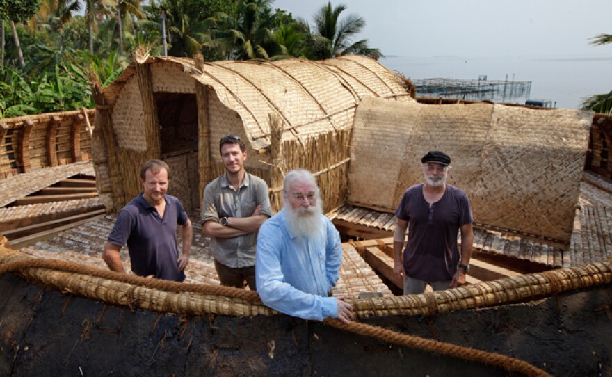 Dr. Irving Finkel (center), Alessandro Ghidoni (left), Dr. Eric Staples (2nd from left), Dr. Tom Vosmer (right) on Ark, boatyard, from launch.