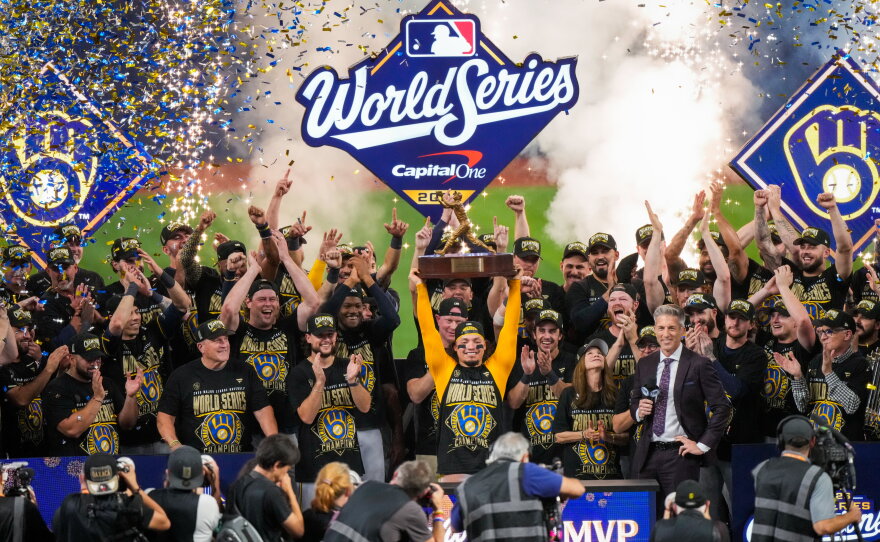 Milwaukee Brewers catcher William Contreras holds the MVP trophy after winning baseball's World Series against the Tampa Bay Rays, Wednesday, Oct. 28, 2026, in St. Petersburg, Fla.