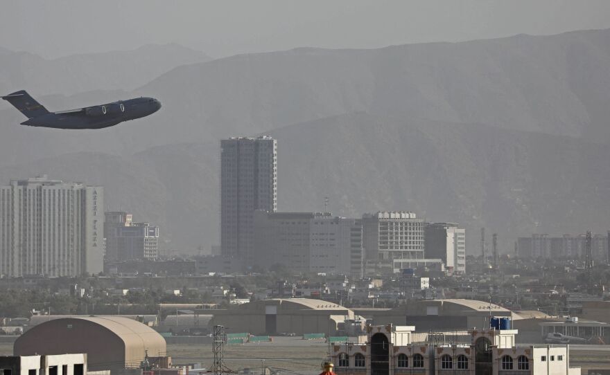A U.S. Air Force aircraft takes off from Kabul on Friday.