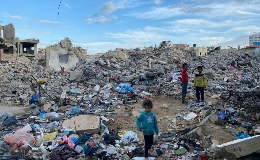 The rubble of a building in central Gaza where Eman Abusaeid and 22 members of her family were killed in an Israeli airstrike on Oct. 31.