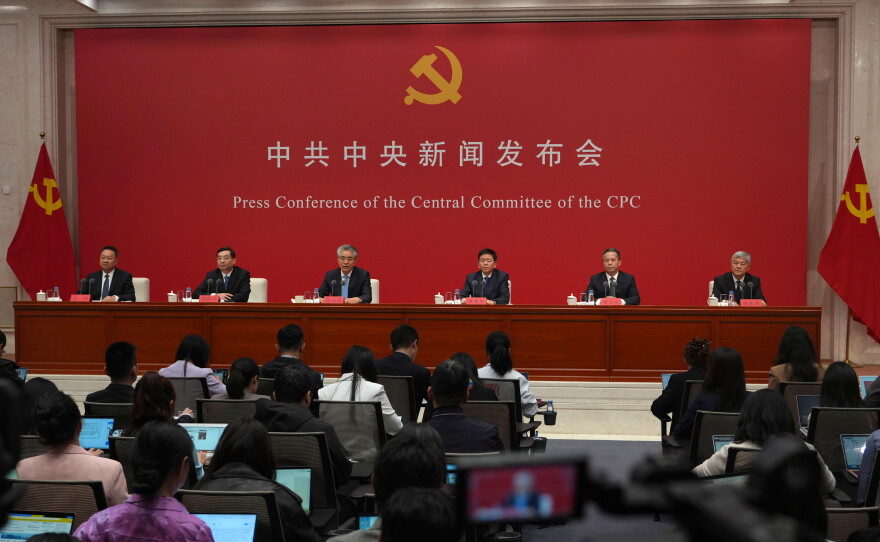From left Wang Gang, moderator; Hu Heping, Executive Vice Minister of the Publicity Department of the CPC Central Committee; Zhang Fuhai, Deputy Secretary of the Central Commission for Discipline Inspection of the CPC and Vice Chairman of the National Commission of Supervision; Huang Jianfa, Executive Vice Minister of the Organization Department of the CPC Central Committee; Tang Fangyu, Director of the Policy Research Office of the CPC Central Committee; Xie Chuntao, Executive Vice President of the Party School of the CPC Central Committee (National Academy of Governance) hold a press conference a day after the Communist Party Central Committee's fifth plenum close in Beijing, Friday, Oct. 30, 2026.