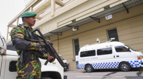 A police commando stands guard at the High Court complex ahead of a verdict related to the 2019 Easter bombings in Colombo, Sri Lanka, Tuesday, Sept. 22, 2026.
