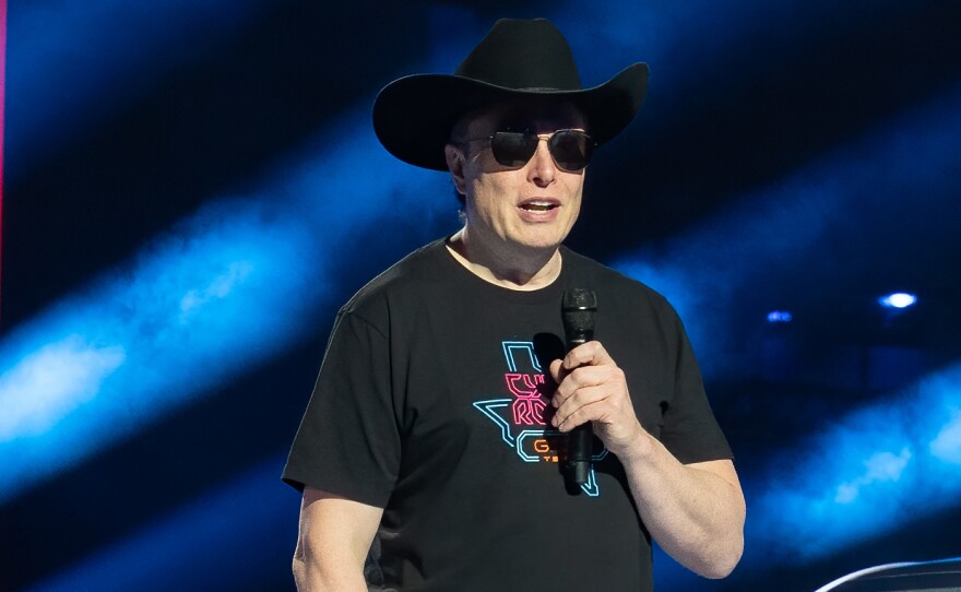 Tesla Elon Musk speaks at the Tesla Giga Texas manufacturing "Cyber Rodeo" grand opening party on April 7, in Austin, Texas. Musk is offering to buy Twitter for $43 billion in cash.