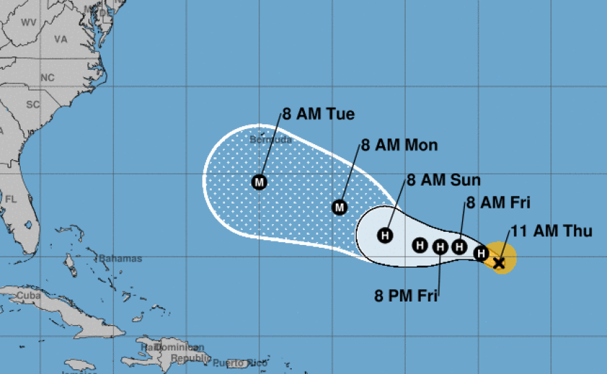 The probable path of Hurricane Florence currently has the storm's eye passing south of Bermuda. By that time, it will be a major hurricane, forecasters say.