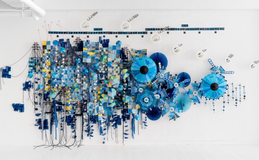 Nathalie Miebach's 2018 work "<i>The Burden of Every Drop</i>" is shown in a previous installation. Miebach's exhibition "Restless Waters" is on view at ICA San Diego-Central from Sept. 21, 2024 through Jan. 26, 2025.