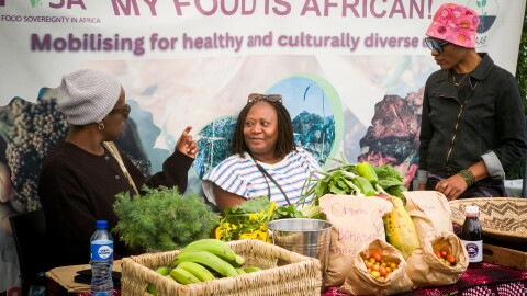 At a market in Zambia, organic vegetables share table space with bags of homemade bokashi fertilizer that sell for about $2.50 each.
