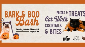 Bark and Boo Bash. A flyer with photos of a cat and dog in Halloween costumes.