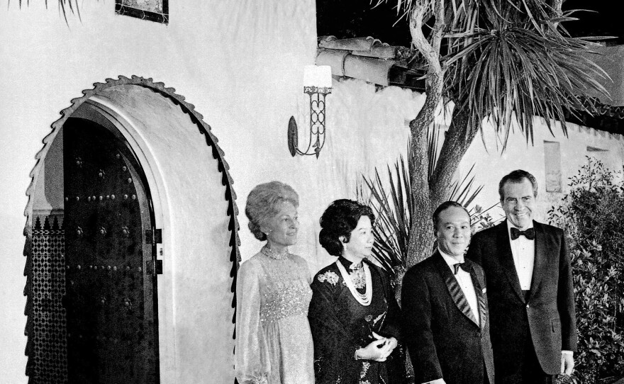 President Richard Nixon and Pat Nixon welcome South Vietnam's President Nguyen Van Thieu and his wife Nguyen Thi Mai Anh to a working dinner at the San Clemente home on April 2, 1973.