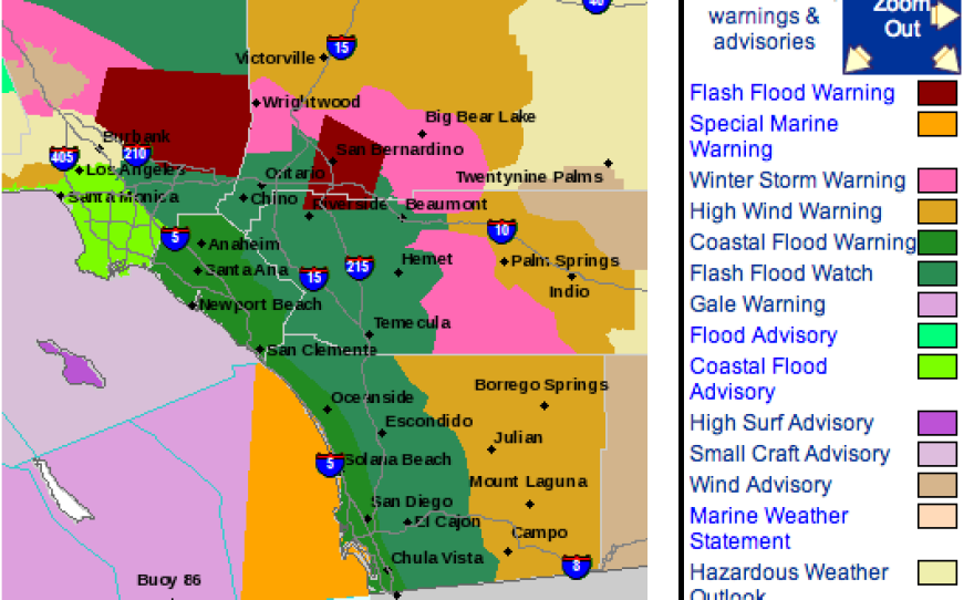 This screen grab of the National Weather Service map dated Feb. 28, 2014 shows areas in maroon that are under a flash flood warning.