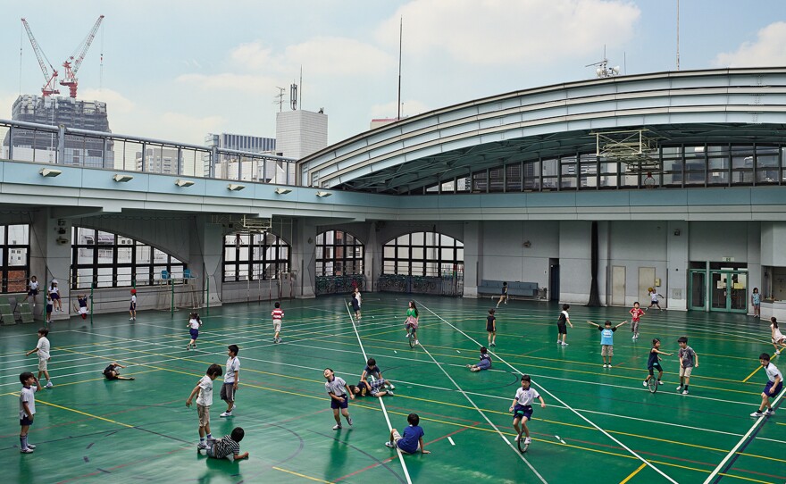 The playground at Shohei Elementary School, in Tokyo, is on the roof of a six-floor building. Students are only allowed to play with balls that are soft, to avoid injuring people on the streets below.
