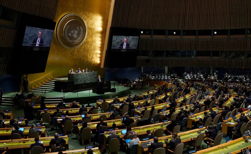 Ukraine's UN Ambassador Sergiy Kyslytsya speaks at the United Nations in New York on March 2, 2022 before a vote on a resolution condemning Russian invasion of Ukraine.