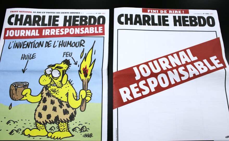 This pair of Charlie Hebdo covers from 2012 pokes fun at the magazine's "irresponsible" approach to humor.