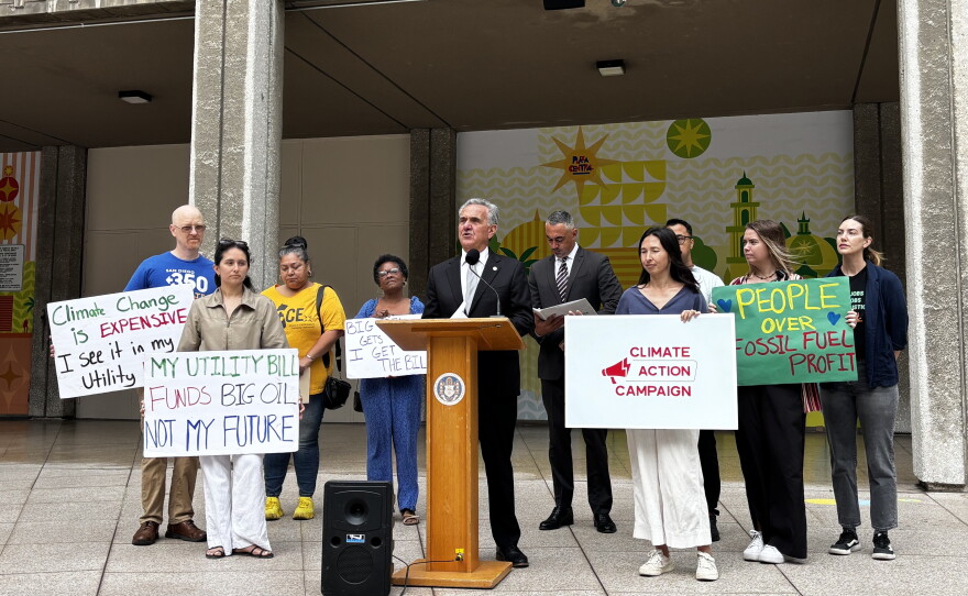 San Diego City Council President Joe LaCava speaks at a press conference in support of utility reform legislation, June 16, 2026.