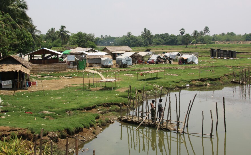 A camp for displaced Rohingya people sits by a river outside Sittwe, the capital of western Myanmar's Rakhine state. Rohingya are not able to travel freely outside the camps.