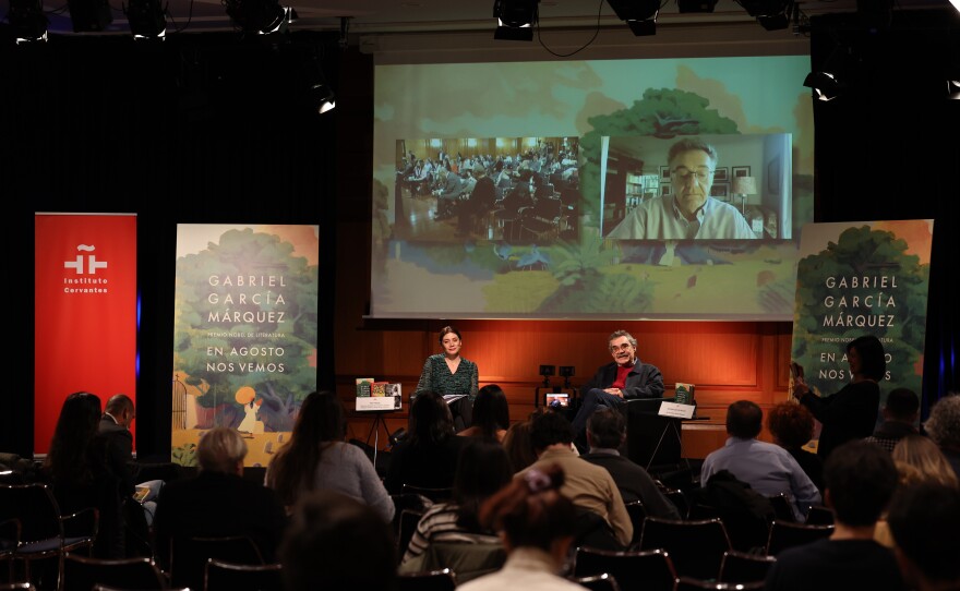 Gabriel García Márquez's son Gonzalo García Barcha speaks during a news conference for the book launch of <em>En Agosto Nos Vemos</em> on Tuesday in Madrid.