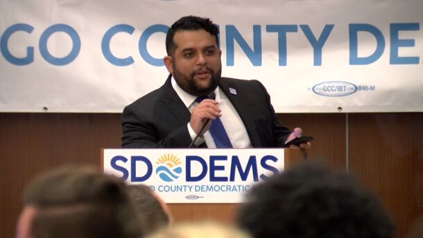 San Diego County Democratic Party chairman Will Rodriguez-Kennedy speaks at an Election Night party, March 3, 2020.