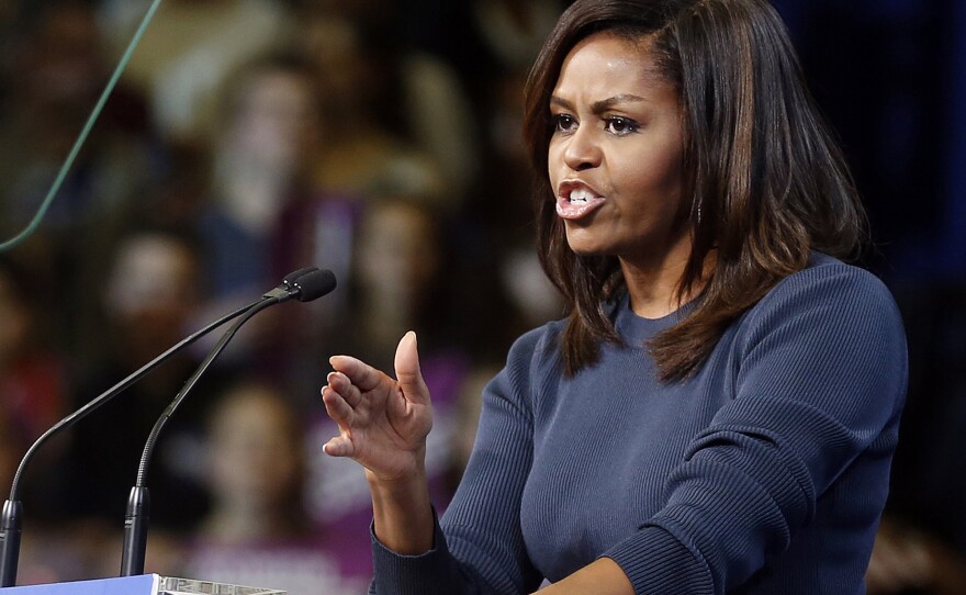 First lady Michelle Obama spoke at length about Donald Trump's comments about women at a rally for Hillary Clinton Thursday.