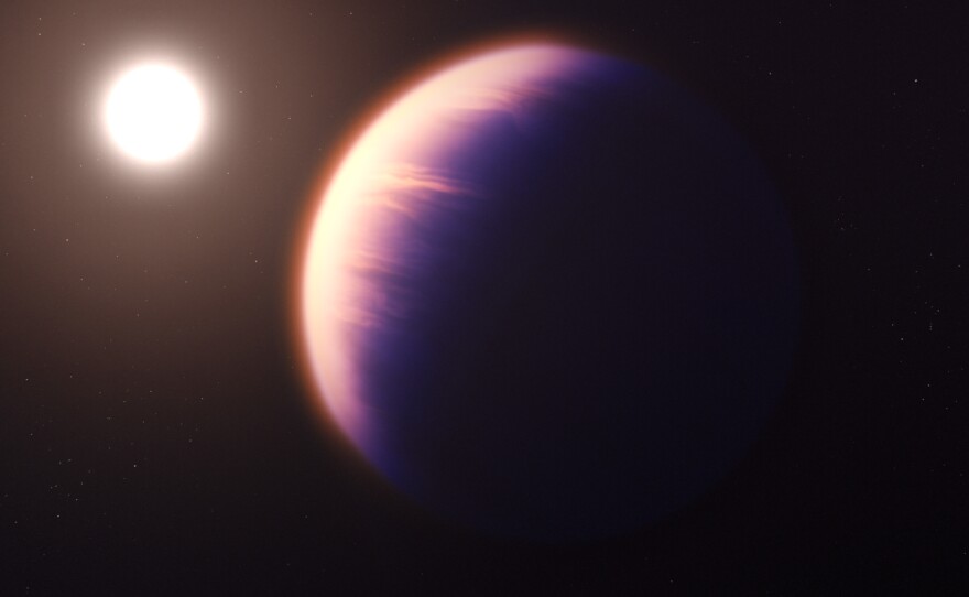 This illustration shows how the gas giant planet WASP-39 b might look as it orbits its host star.