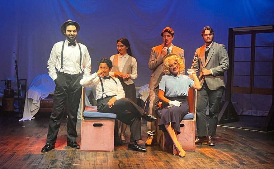 The company of New Village Arts' play "The 39 Steps" is shown in an undated production photo.