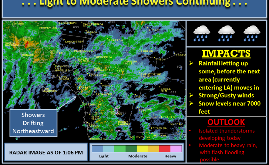 A satellite image of San Diego shows light to moderate showers continuing across the county, Feb. 28, 2014.
