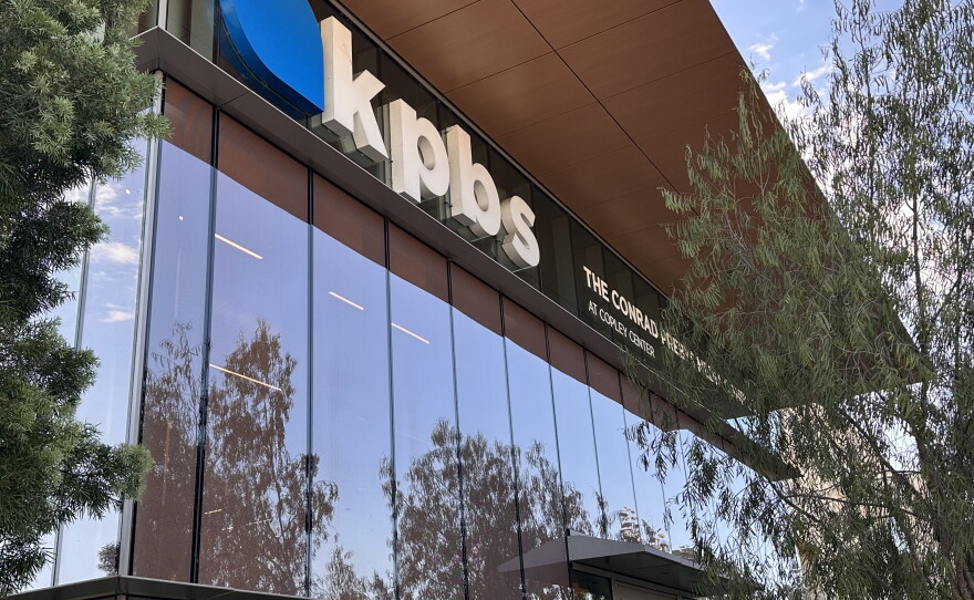 The KPBS logo stretches across its station headquarters on July 14, 2026.