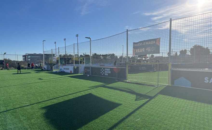 Low walls and netting surround the new turf fields at Adam R. Scripps Street Soccer Park, Feb. 25, 2026.
