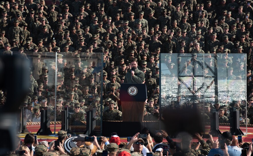 JD Vance gives at speech at the 250th birthday event of the Marines at Camp Pendleton in Oceanside on October 18th, 2025.