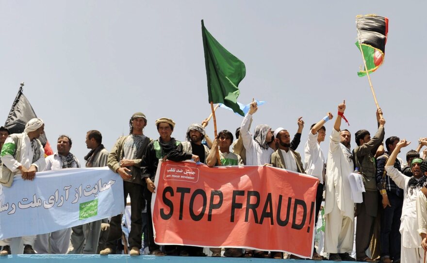 Supporters of Afghan presidential candidate Abdullah Abdullah rally Friday against alleged fraud in the presidential runoff election. Preliminary results were to be released Tuesday but have been delayed following Abdullah's accusations of widespread fraud.