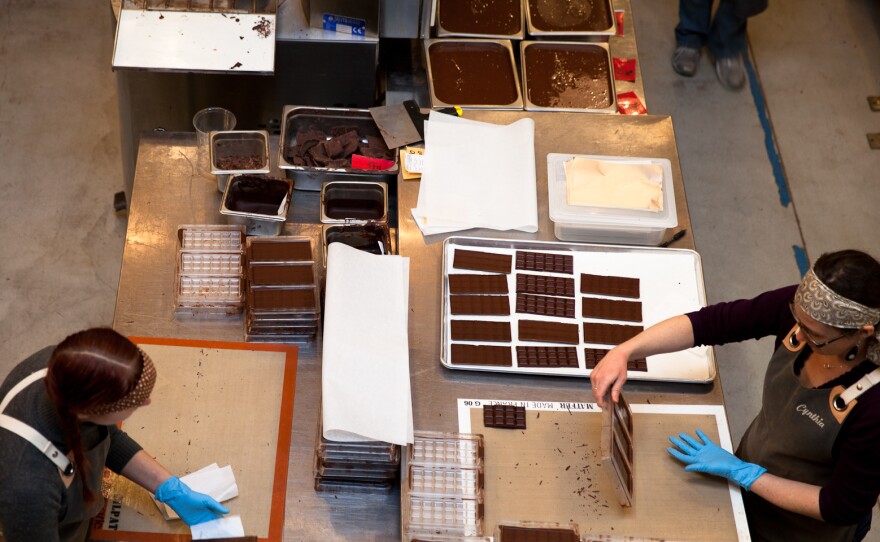 The Dandelion Chocolate factory has an open workspace where patrons can watch--and smell--the chocolate as it is ground, conched, formed into bars, and wrapped.