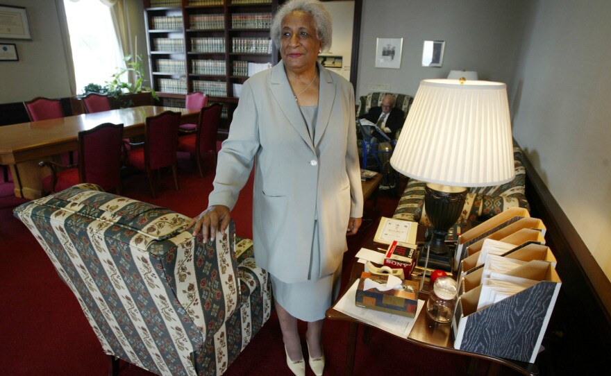 Judge Constance Baker Motley stands in her chambers at Federal court in New York, May 7, 2004. Motley, 82, was a young attorney for the National Association for the Advancement of Colored people in the 1950s when she worked on the Brown v. Board of Education school desegregation case.