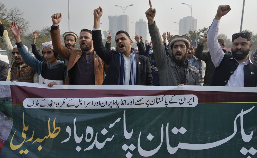 Demonstrators in Islamabad, Pakistan, chant slogans on Thursday to condemn Iran's attacks in Pakistan's border area with Iran.