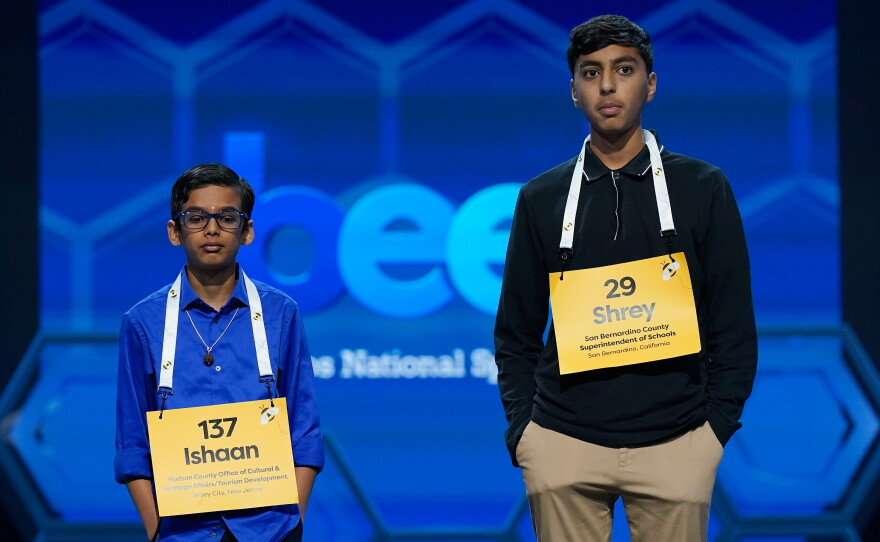 As the top two finalists, Ishaan Gupta (L) and Shrey Parikh (R) each had 90 seconds to spell as many words correctly as possible.