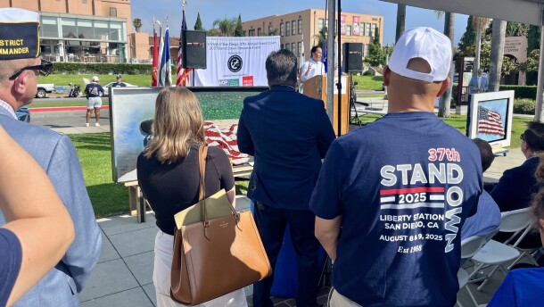 People listen to San Diego Mayor Todd Gloria speak for the opening of Stand Down 2025, Aug. 8, 2025.