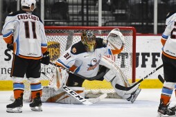San Diego Gulls center Kyle Criscuolo (11) and goalie Olle Eriksson Ek (31) in a game against the Tucson Roadrunners at the Tucson Convention Center on March 11, 2020.
