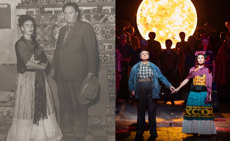 Frida Kahlo and Diego Rivera's artistic and personal relationship has fascinated generations through books, films, plays and now an opera. Left: Leo Matiz. Diego Rivera and Frida Kahlo, Mexico. 1946. Platinum/palladium print. The Museum of Modern Art, New York. Right: Carlos Álvarez as Diego and Isabel Leonard as Frida in Gabriela Lena Frank's El Último Sueño de Frida y Diego.