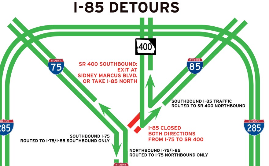 The closure of a crucial stretch of I-85 in Atlanta is seen in this image released by the Georgia Department of Transportation.